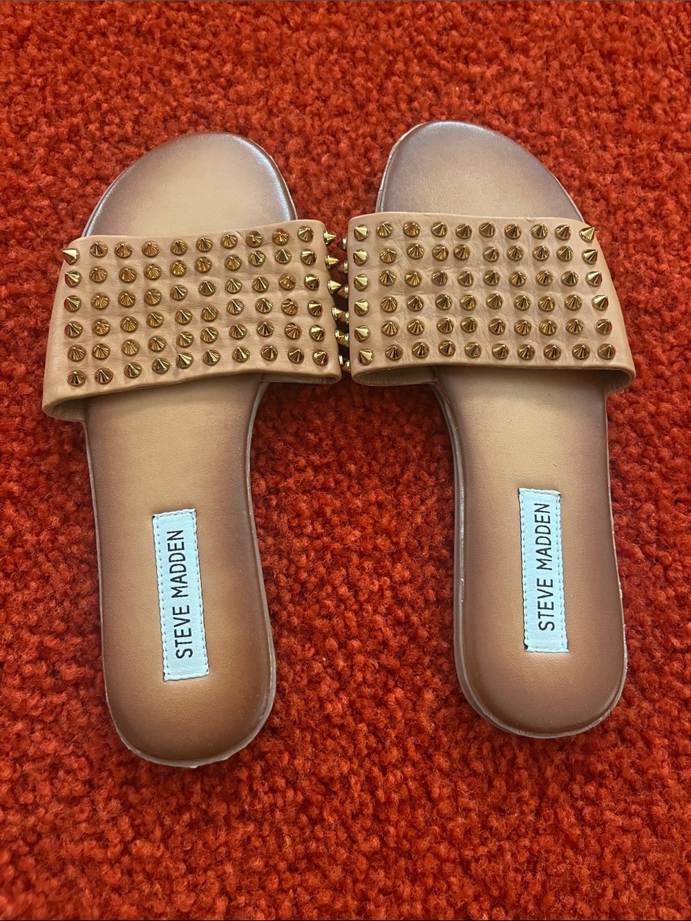 Steve Madden Tan Slide Sandals with Gold Studs